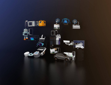 藍色背景上的智能設備?；ヂ摼W的東西和家庭自動化的概念。消費產品。3d 渲染圖像